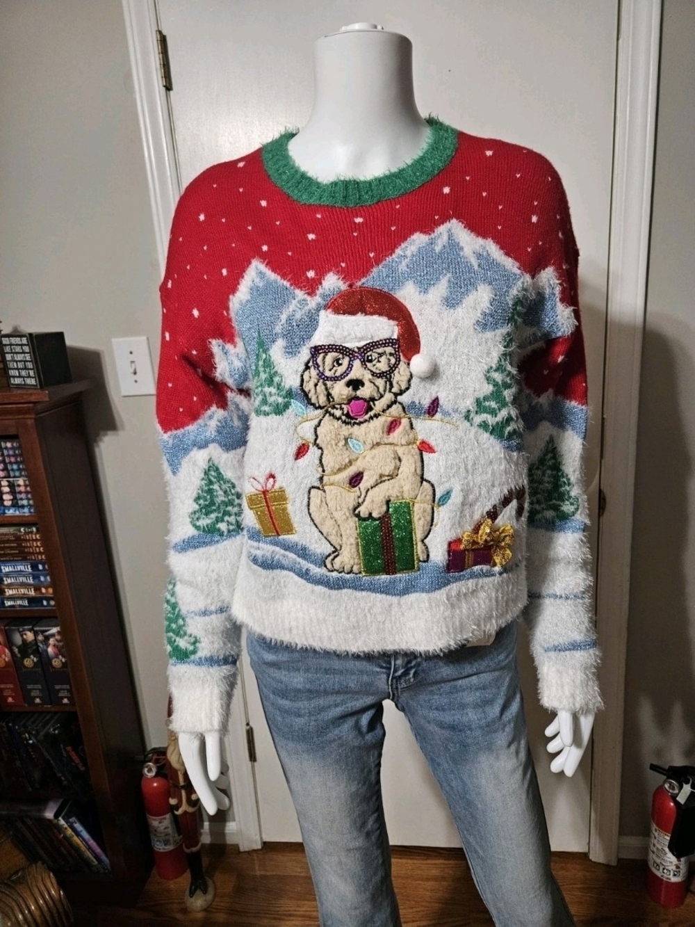 MAJOR Label Festive Red Holiday Sweater with Green Trim